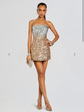 Retrofete KAMERON EMBELLISHED Strapless Silver-to-Gold Sequin Mini Dress